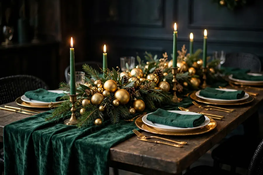 Emerald green velvet christmas table setting with gold accents