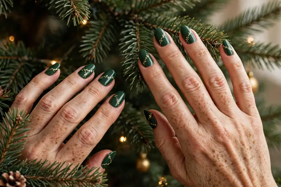 Evergreen nails with gold garland detail on real hands near a Christmas tree