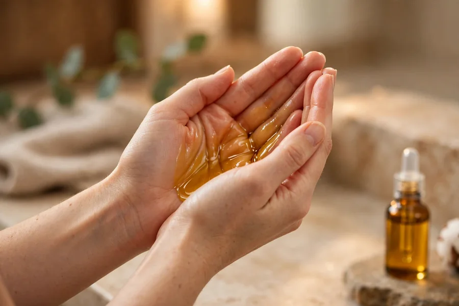 Facial oil being warmed between palms before application