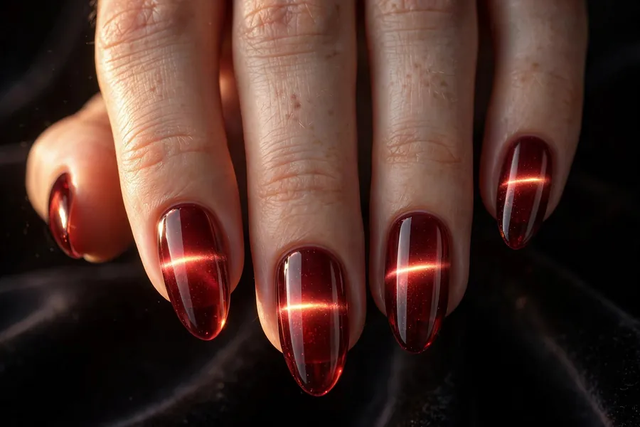 Garnet glow dark red cat eye nails like a jewel