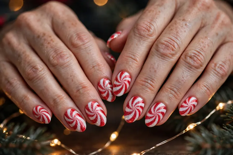 Glitter peppermint swirl nails with sparkling red and white art on real hands