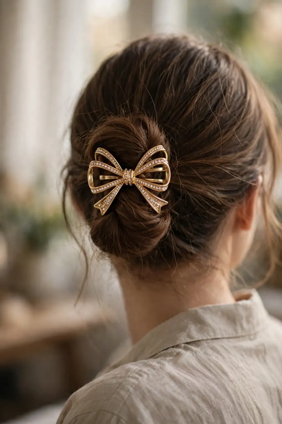 low bun secured by a gold bow crystal claw clip