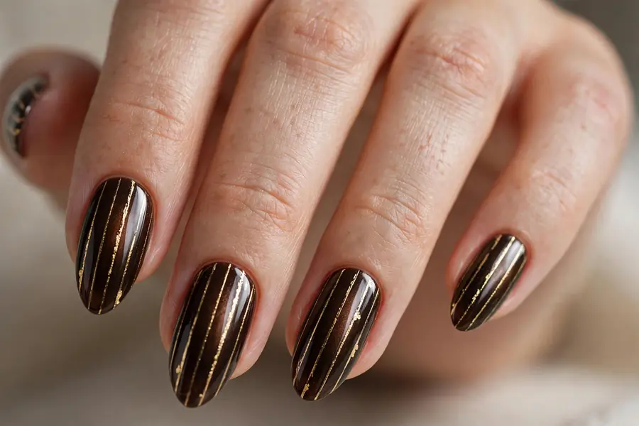 Gold foil line almond nails stripes over espresso on real hands