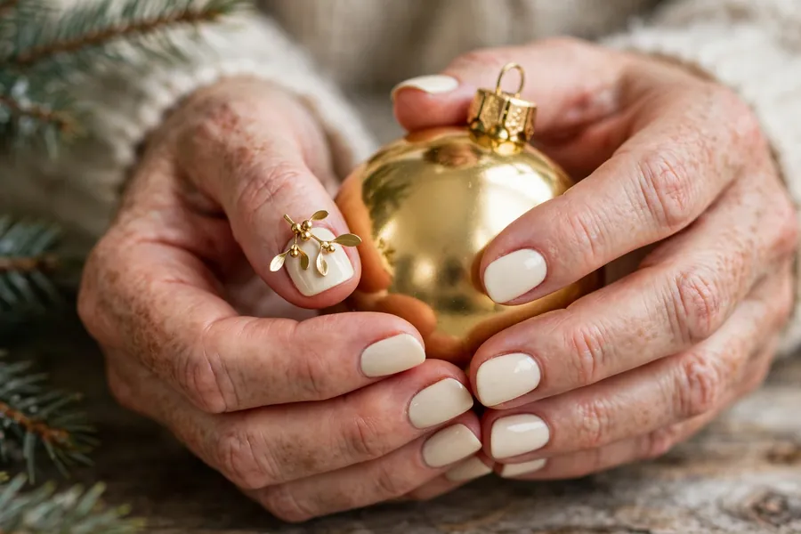Gold mistletoe sprig on cream mistletoe nails on real hands holding a gold Christmas bauble