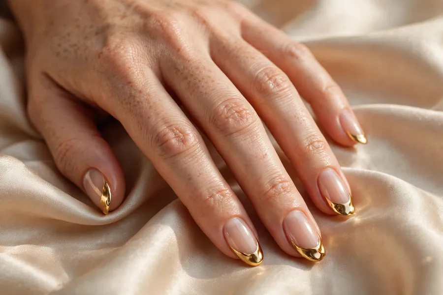 Golden champagne tips december nail ideas with molten gold on a sheer nude base