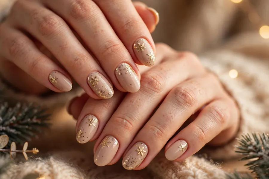 Nude nails with tiny gold snowflake nail art and gold glitter on real hands