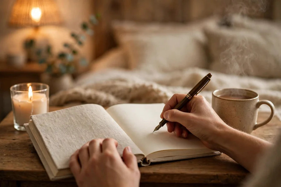 Gratitude journaling by candlelight for a fall self care routine