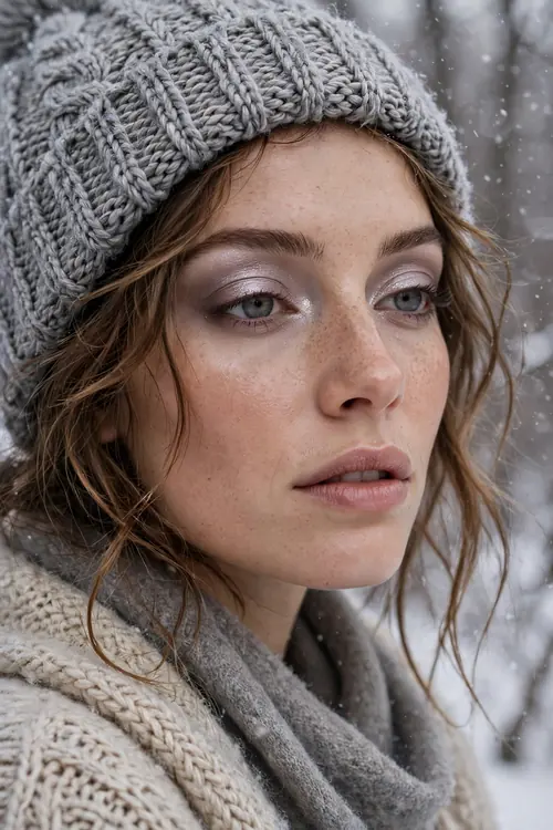 Lilac frosted eyeshadow with a pearlescent winter finish