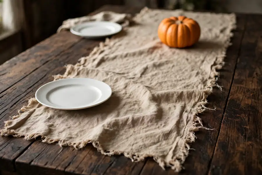Rustic natural linen table runner on a thanksgiving table