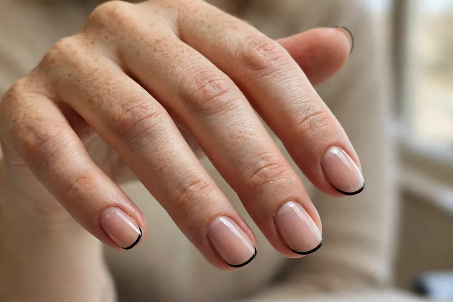 Black micro French tip nails on nude base