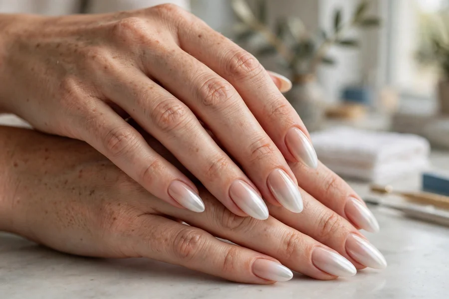 Milky white chrome nails in a soft nude-to-white ombre on almond nails