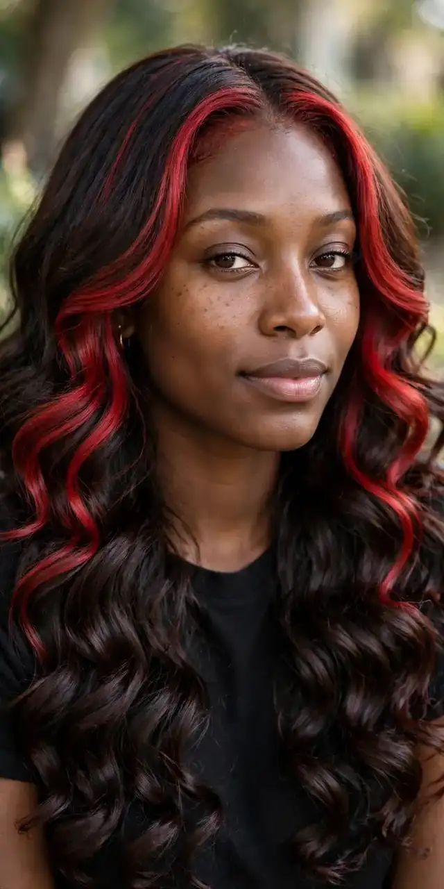 Cherry cola brunette with face-framing cherry money piece highlights