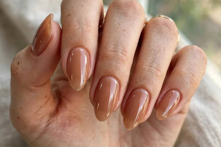 Real hand with sheer caramel nude lip gloss nails, ultra glossy finish