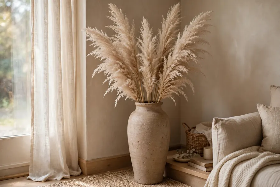 Fall home decor ideas with dried pampas grass in a stoneware vase