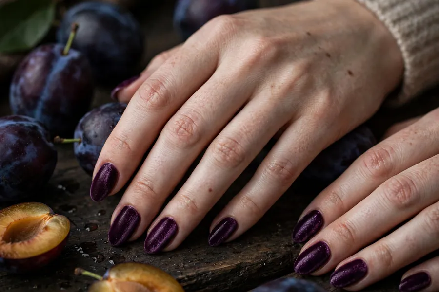 Plum purple velvet nails with a silky shimmer on real hands