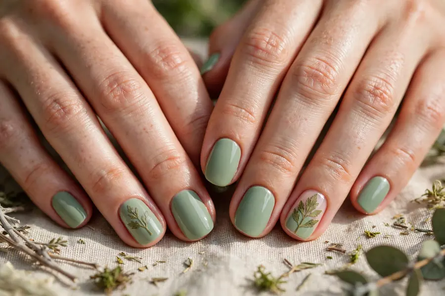 Sage green nails with pressed herb leaf accents