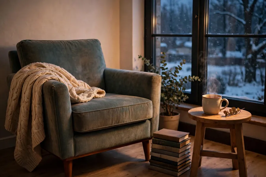 cozy reading chair with a blanket and books beside a living room window
