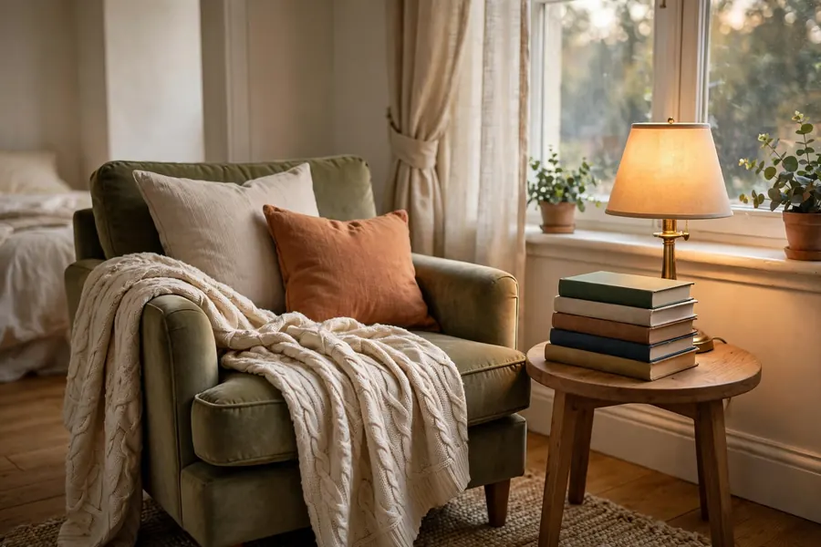 cozy reading corner with an armchair blanket and books by a bedroom window