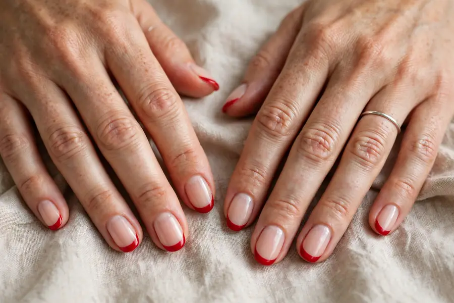 Classic French manicure with red tips on real hands