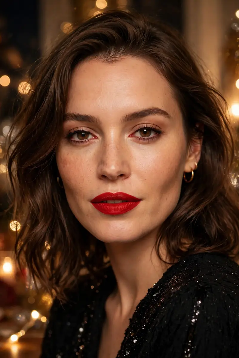 Woman wearing a bold red lipstick with soft neutral eye makeup for New Year's Eve