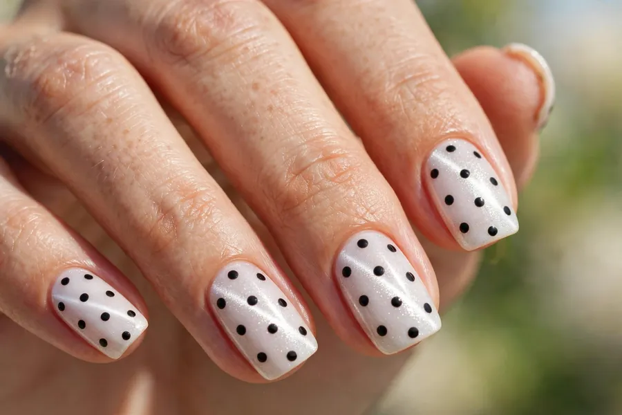 White polka dot cat eye nails with black dots in a reverse design