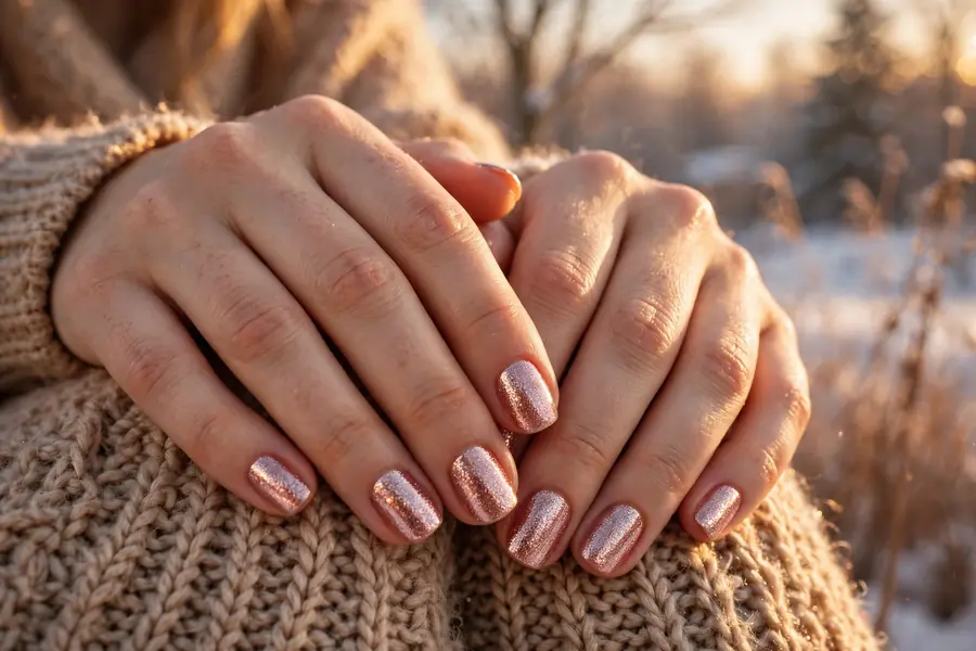 Rose gold glitter nails on real hands in warm winter light