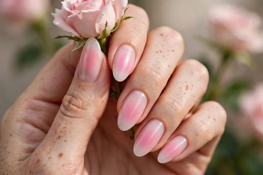 Rose quartz aura nails with rosy pink glow on translucent milky nails