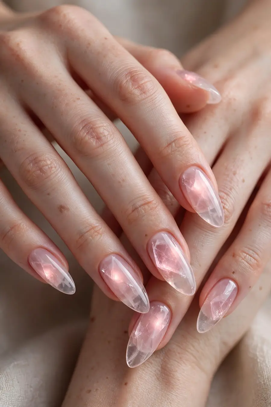 Milky rose quartz glass nails on real hands