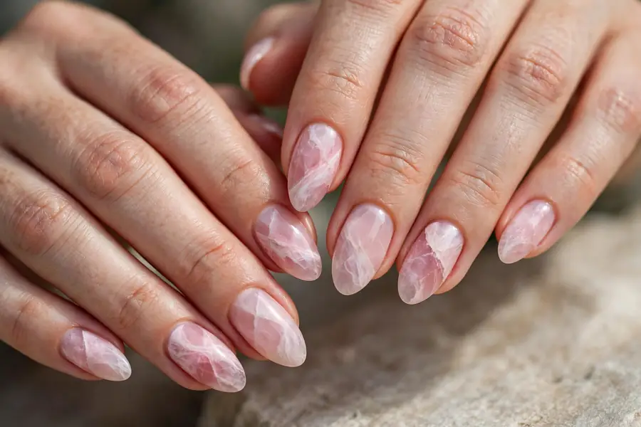 Soft pink rose quartz marble nails on almond nails
