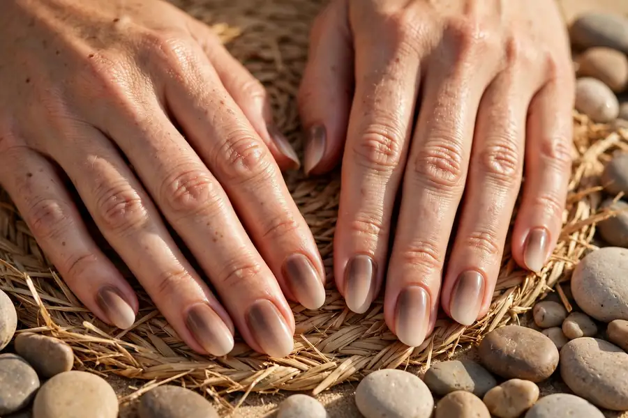 Sand nude gradient earthy nails on real hands