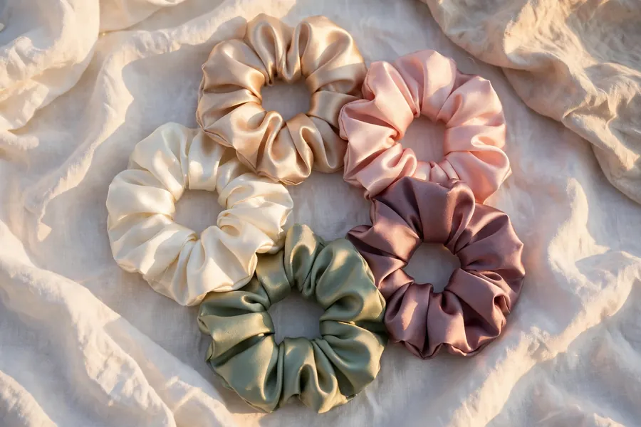 Set of five satin scrunchies in champagne, blush, ivory, sage and mauve