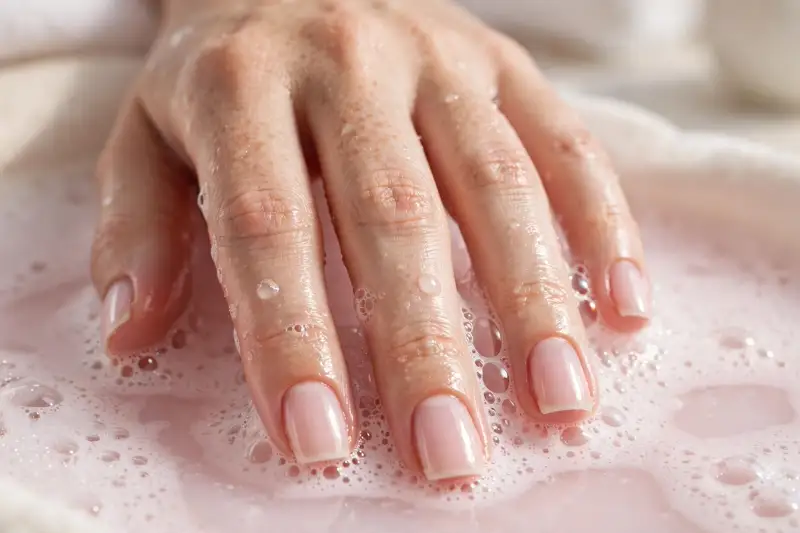 Short square bubble bath nails in sheer pink on real hands