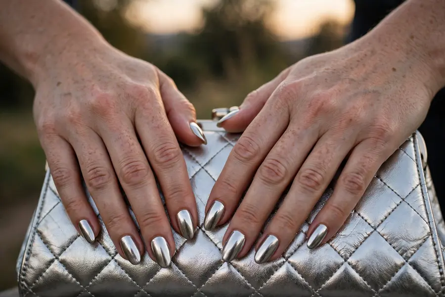 Silver chrome almond shaped nails on real hands resting on a silver clutch