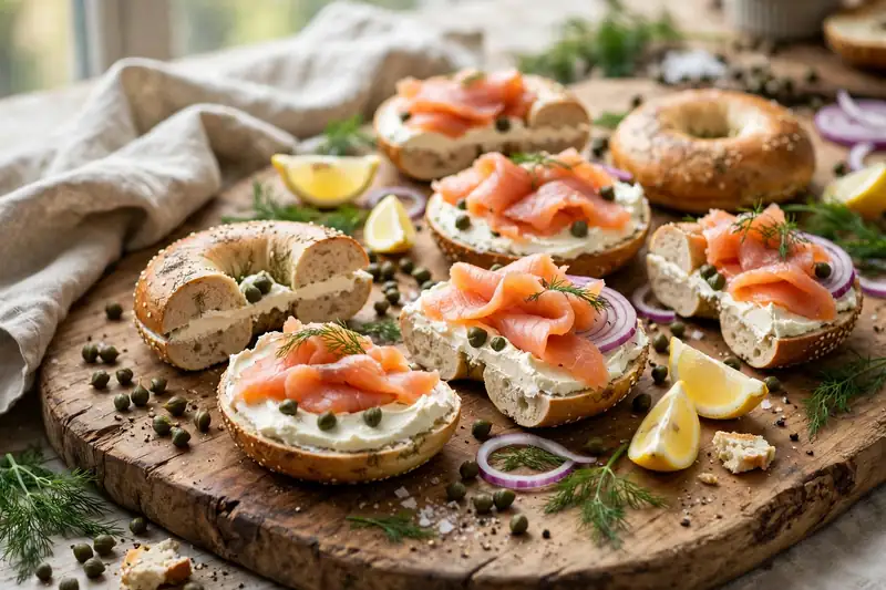 Smoked salmon bagel board with cream cheese capers lemon and dill
