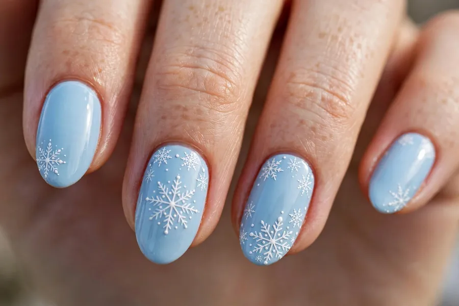 Light blue nails with white snowflake accents