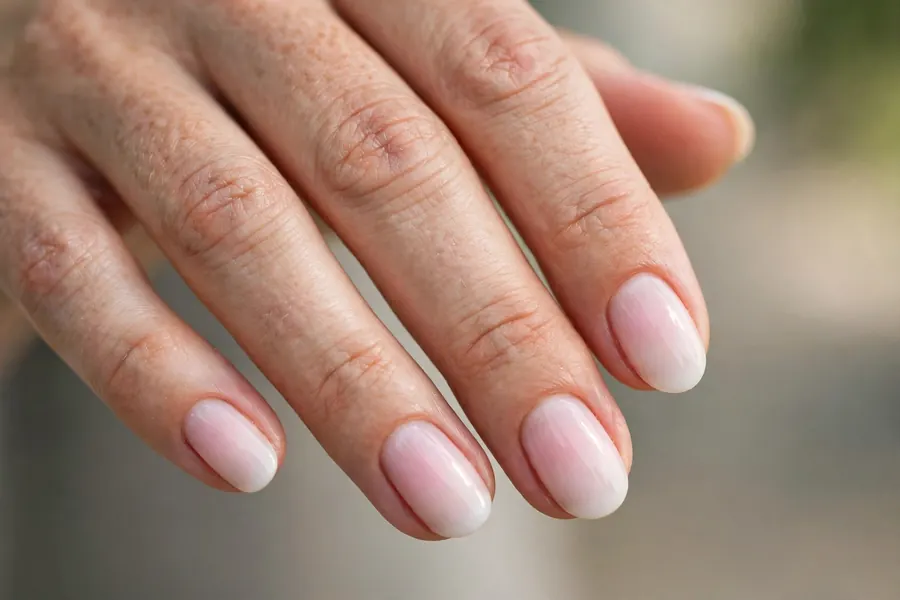 Soft pink ombre short nail designs on real hands
