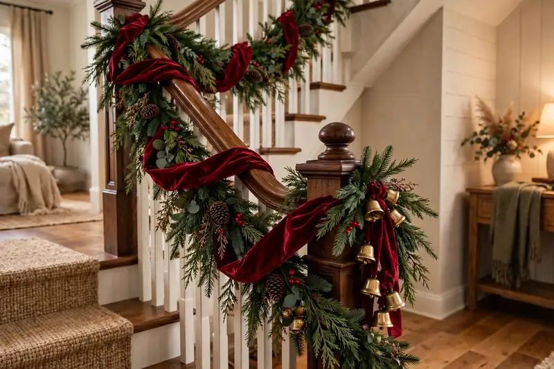 Staircase banister wrapped with evergreen garland and deep red velvet ribbon