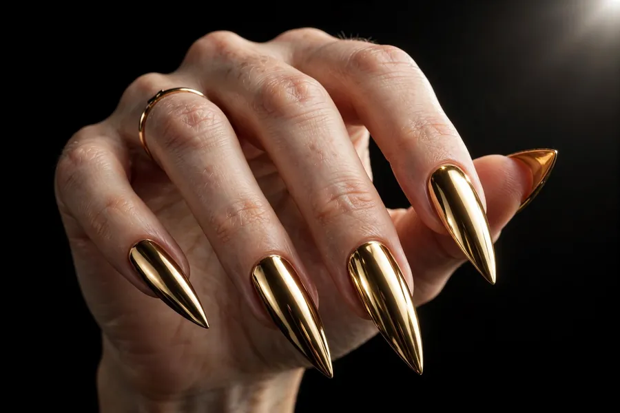Hand with long stiletto gold chrome nails in mirror finish
