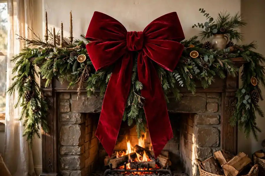 Oversized deep red velvet bow on a Christmas mantel garland