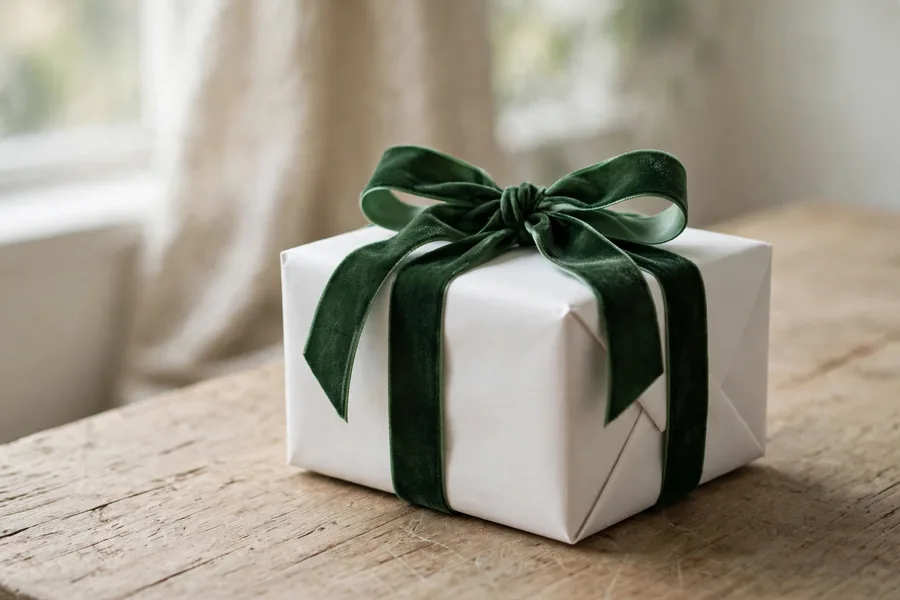 A Christmas gift wrapped in white paper tied with a wide forest green velvet ribbon bow
