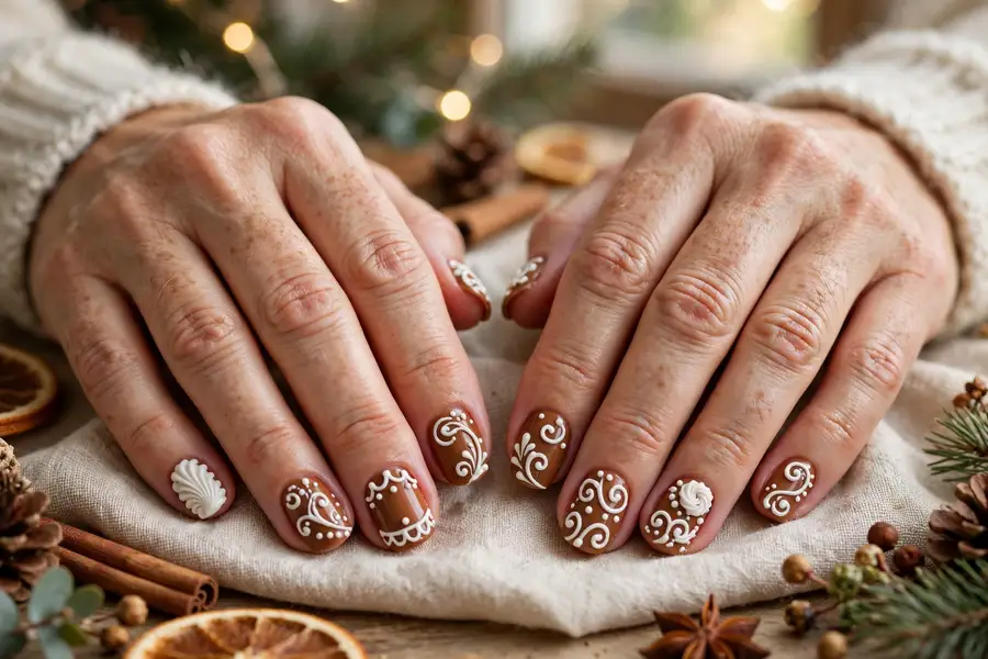 White icing piping swirl nails over warm brown on real hands