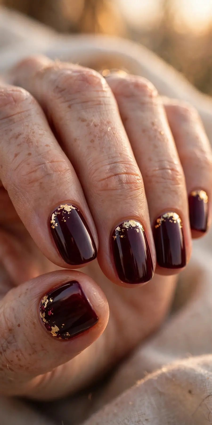 Burgundy nails with delicate gold foil accents