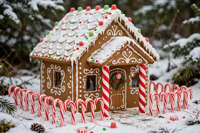Photorealistic photograph of a gingerbread house with a candy cane fence and candy cane porch posts