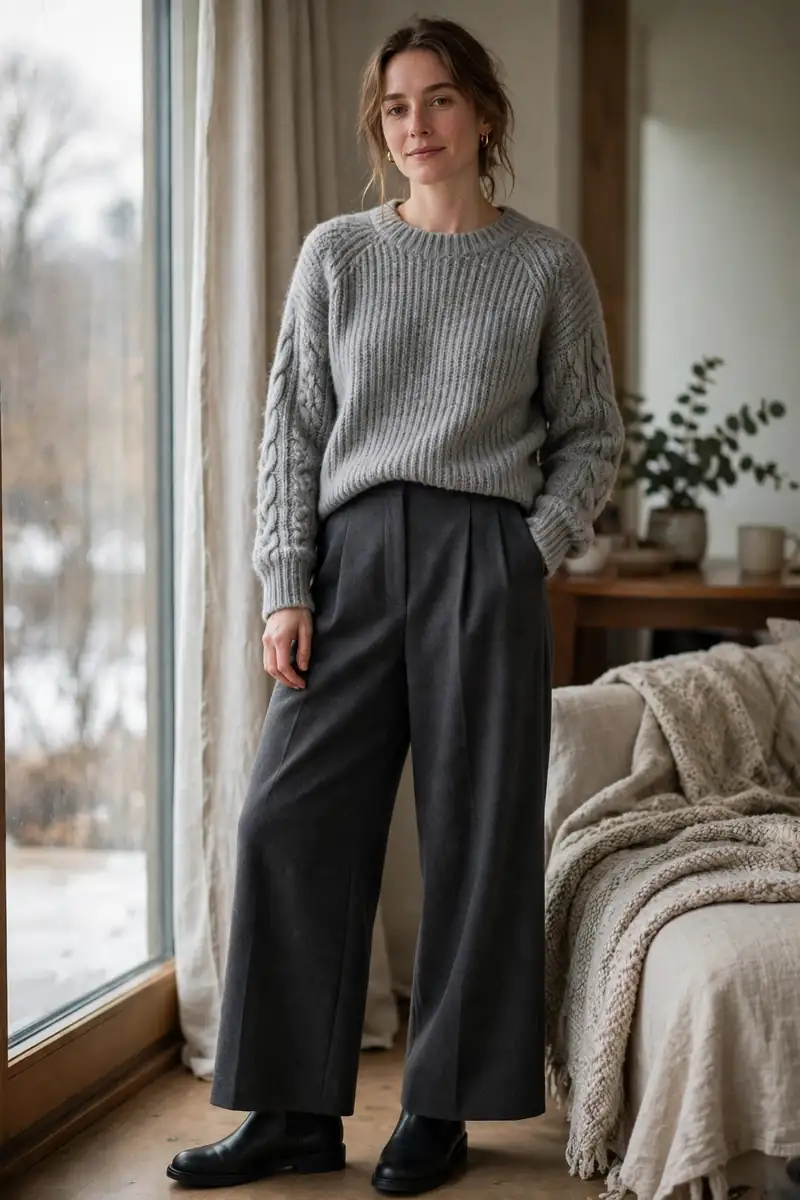 Woman wearing a soft grey sweater with wide-leg charcoal trousers and flat boots