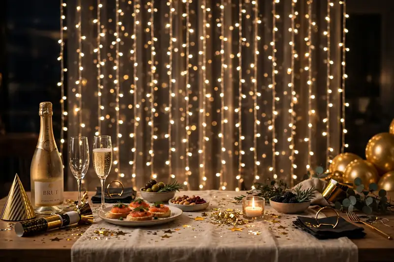 Twinkling fairy light curtain behind a New Year's Eve party table