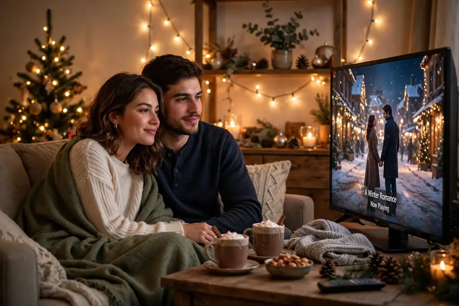 Cozy couple watching a romantic Christmas movie on the sofa with warm string lights