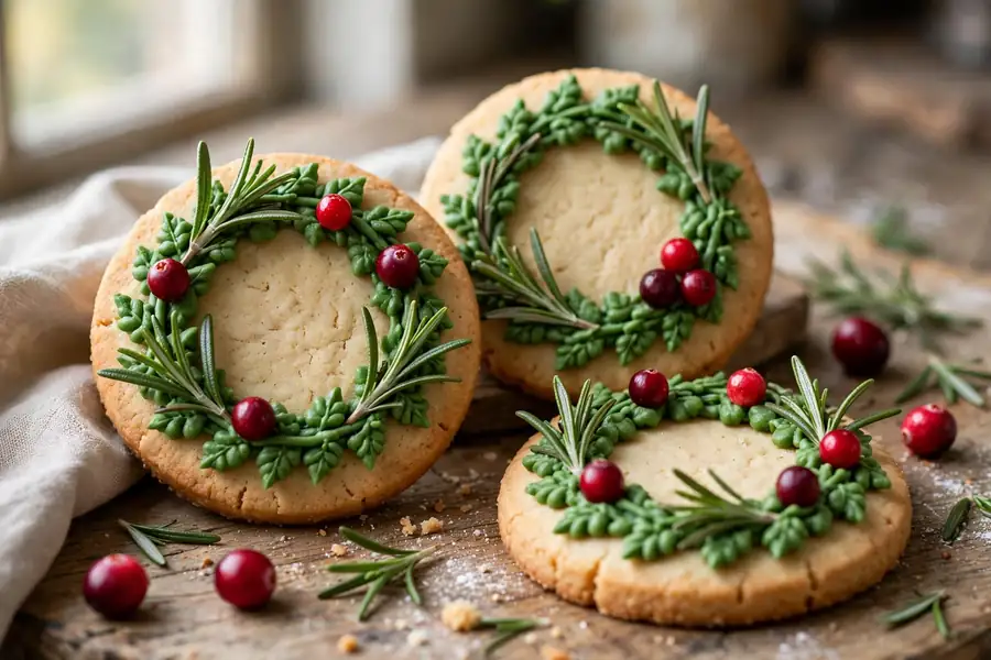 Round cookies decorated as green icing wreaths with red berries and rosemary