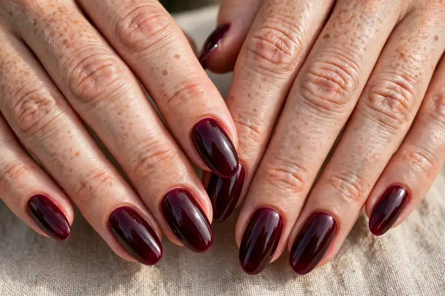 Deep glossy cranberry nails on long oval nails