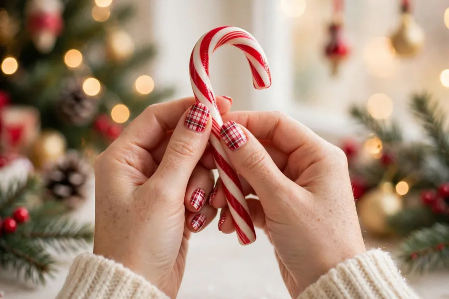Candy cane red and white plaid nails