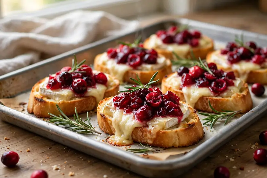 Baked brie and cranberry toasts on a baking tray with rosemary